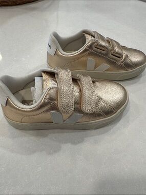 Veja Kids Metallic Gold Velcro Sneakers with White Accents
